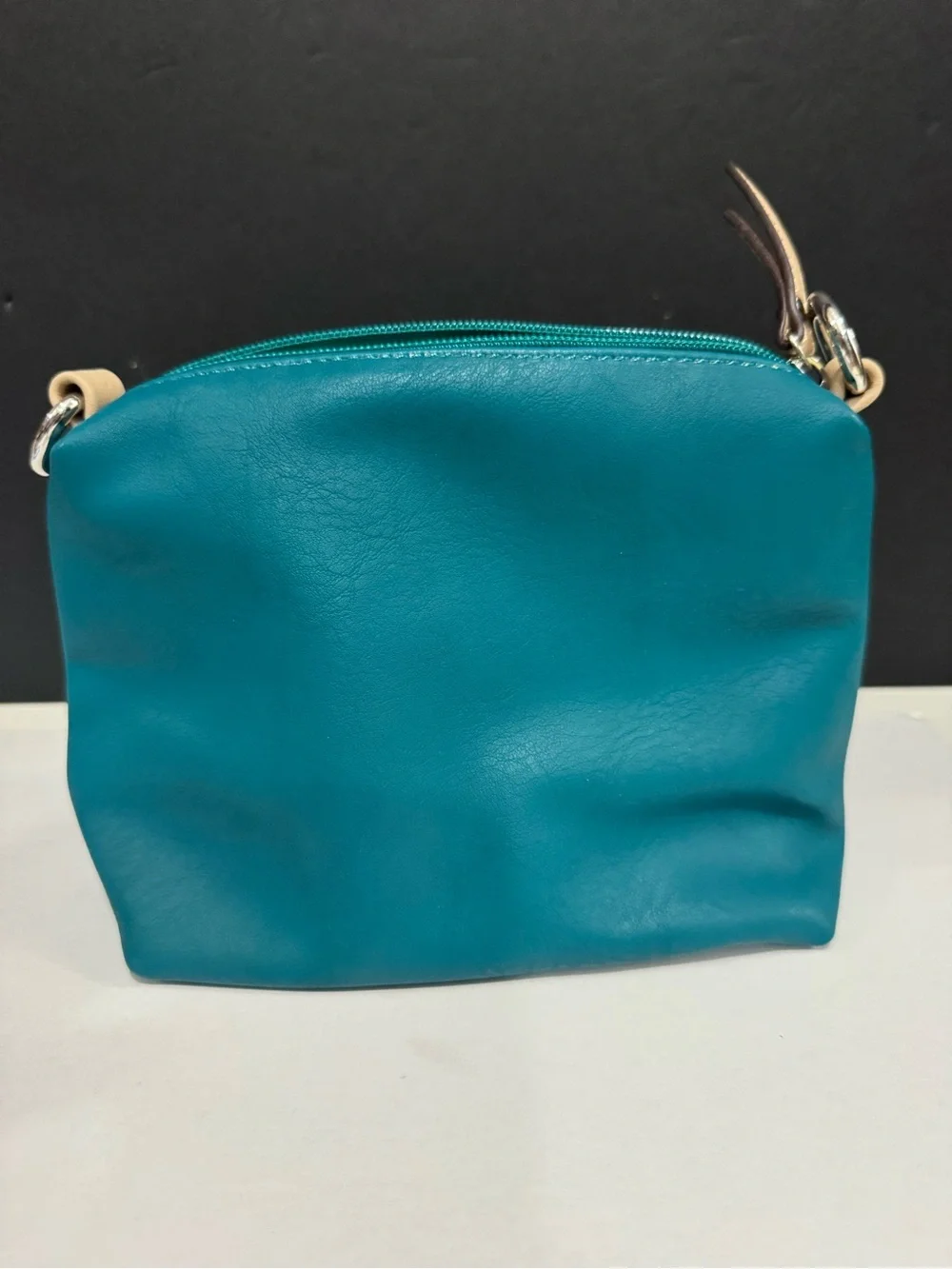 Teal Faux Leather bag within a bag and Beige short and long Straps